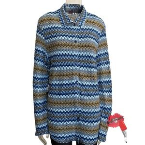 Vintage Y2K Button Up Shirt Womens Plus 3x Blue Wavy Knit Top Chevron Gas 00s